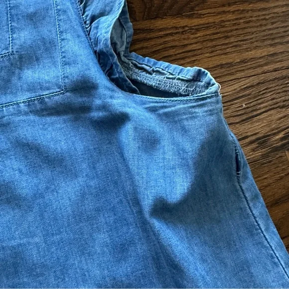 LOFT Blue Denim Chambray Mini Summer Shift Dress with ruffle sleeves & tassels - Picture 6 of 16